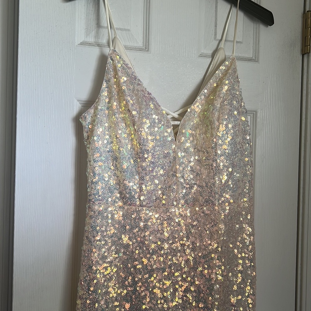 Sequin Evening Gown Iridescent With High slit and Cross Back GREAT FOR PROM